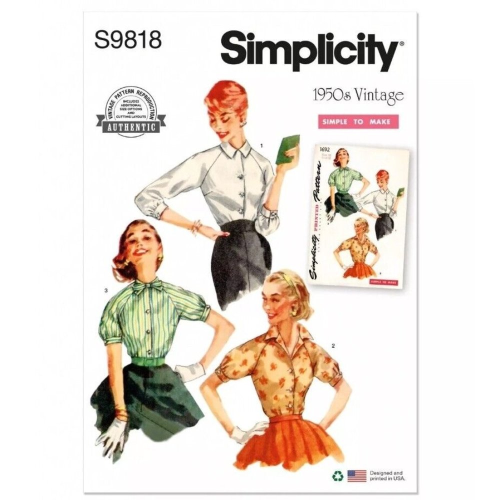 Simplicity Pattern 9818 Vintage 50s Button Up Short, 3/4 Sleeve Blouse Size 6-14